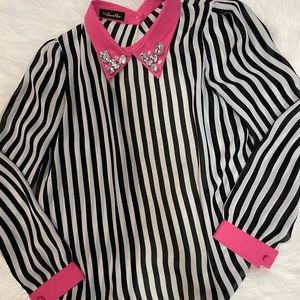 SHEIN Pink & White Striped Shirt with Pink Collar